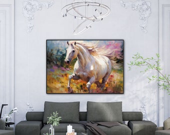 Weißes Pferd, Wald, Frühling, Natur 100 % handgemalt, Strukturgemälde, abstraktes Acryl-Ölgemälde, Wanddekoration Wohnzimmer, Bürowand