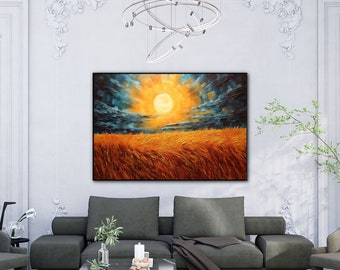 Sonnenuntergang, Landschaft, Weizenfeld, Gerste 100 % handgemalt, Strukturgemälde, abstraktes Acrylölgemälde, Wanddekoration Wohnzimmer, Büro