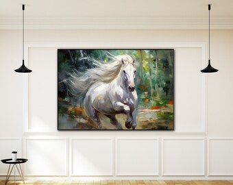 Weißes Pferd, Pferdeporträt, laufendes Pferd 100% handgemalt, strukturiertes Bild, abstraktes Acrylölgemälde, Wanddekor-Wohnzimmer