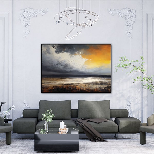 Sunset Landscape, Rural, Meadow, Dark Sky 100% Hand Painted, Textured Painting, Acrylic Abstract Oil Painting, Wall Decor Living Room