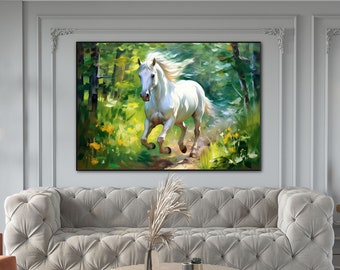 Weißes Pferd, Pferdeporträt, laufendes Pferd 100% handgemalt, strukturiertes Bild, abstraktes Acrylölgemälde, Wanddekor-Wohnzimmer