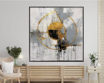 Circle, Gold, Gray, Beige, Black 100% Hand Painted, Textured Painting, Acrylic Abstract Oil Painting, Wall Decor Living Room, Office Wall