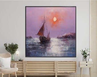 Meerblick, Meereslandschaft, Segelboot, Sonnenuntergang 100 % handgemalt, Strukturgemälde, abstraktes Acryl-Ölgemälde, Wanddekoration Wohnzimmer, Büro