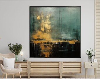 Green, Black, Gold 100% Hand Painted, Textured Painting, Acrylic Abstract Oil Painting, Wall Decor Living Room, Office Wall Art