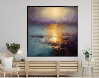 Meereslandschaft, Meereslandschaft, Sonnenuntergang, Lila 100 % handgemalt, Strukturgemälde, abstraktes Acrylölgemälde, Wanddekoration Wohnzimmer, Büro