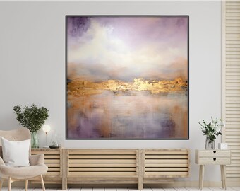 Himmel Landschaft, Blattgold Horizont, Lila Wolken 100% handgemalt, Strukturgemälde, abstraktes Ölgemälde, Wanddekor Wohnzimmer