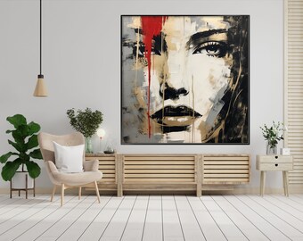 Woman Face, Red, Gray, Gold, Black 100% Hand Painted, Textured Painting, Acrylic Abstract Oil Painting, Wall Decor Living Room, Office