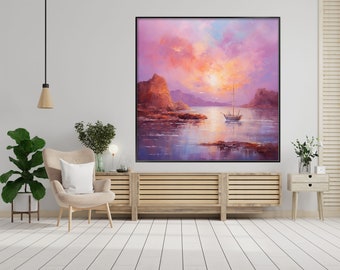 Sea View, Seascape, Sunset, Sailboat 100% Hand Painted, Textured Painting, Acrylic Abstract Oil Painting, Wall Decor Living Room, Office