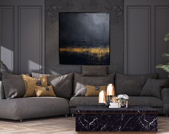 Dark, Yellow, Black 100% Hand Painted, Textured Painting, Acrylic Abstract Oil Painting, Wall Decor Living Room, Office Wall Art