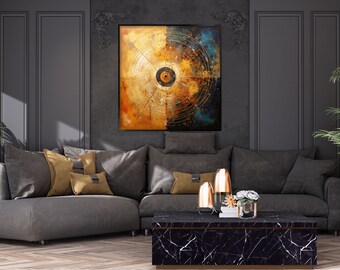 Orange, Blue, Circle, Black 100% Hand Painted, Textured Painting, Acrylic Abstract Oil Painting, Wall Decor Living Room, Office Wall Art