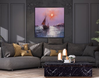 Sea View, Seascape, Sailboat, Sunset 100% Hand Painted, Textured Painting, Acrylic Abstract Oil Painting, Wall Decor Living Room, Office