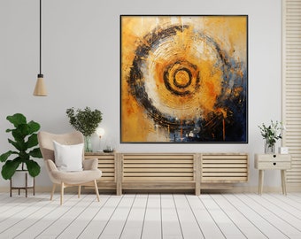 Orange, Blue, Circle, Black 100% Hand Painted, Textured Painting, Acrylic Abstract Oil Painting, Wall Decor Living Room, Office Wall Art