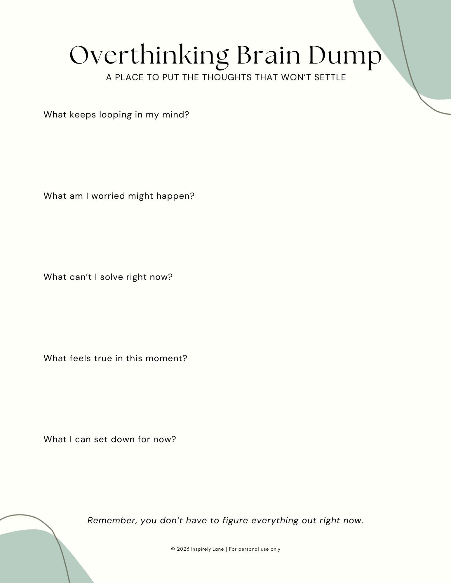 Overthinking Brain Dump Printable | Anxiety Thought Dump Worksheet ...