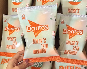Custom Showgirl Life Chips Party Favors – Mint & Orange Glitter Snacks – Listening Party Gift with Name – Taylor’s Birthday Decor