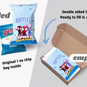 May include: A light blue Ruffles chip bag with a Spidey and Amazing Friends design, next to a cardboard box with a matching design. The text "filled" and "empty" are also visible.