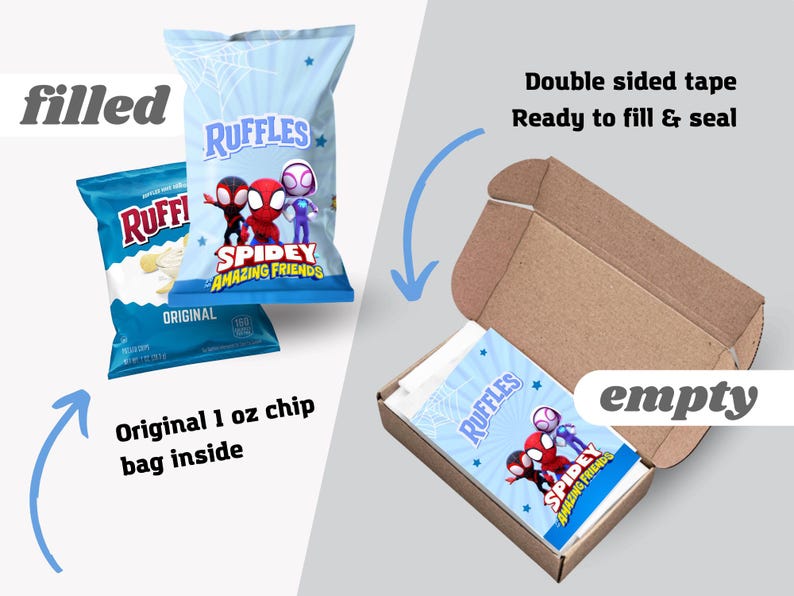 May include: A light blue Ruffles chip bag with a Spidey and Amazing Friends design, next to a cardboard box with a matching design. The text "filled" and "empty" are also visible.