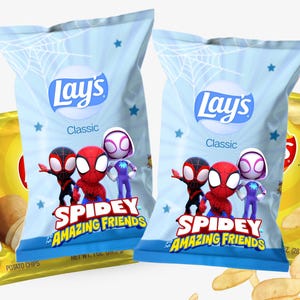 May include: Two light blue bags of Lay's Classic potato chips featuring the Spidey and His Amazing Friends characters. The bags have a spiderweb design and star accents. A yellow bag of potato chips is on the left and right.