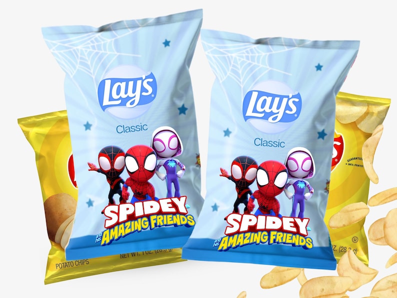 May include: Two light blue bags of Lay's Classic potato chips featuring the Spidey and His Amazing Friends characters. The bags have a spiderweb design and star accents. A yellow bag of potato chips is on the left and right.