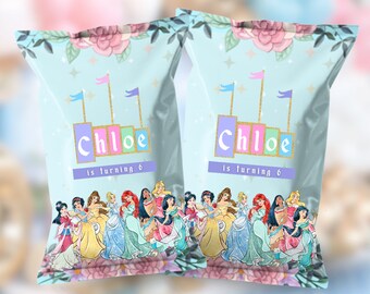 Disney Princess Party Chips, Disneyland Theme Birthday Party snacks Princess Custom Name Chips Treats, Custom Name Party Decoration Bag