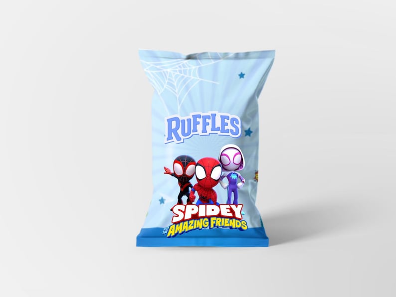 May include: A light blue bag of Ruffles potato chips featuring the Spidey and His Amazing Friends characters. The bag has a light blue background with a spider web design and the Ruffles logo.