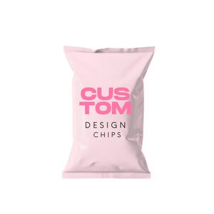 May include: A light pink bag of chips with the words "CUSTOM DESIGN CHIPS" in pink and black text. The bag is sealed at the top and bottom, and the background is white.