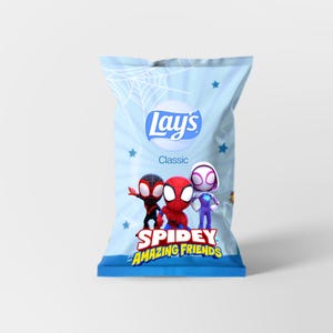 May include: A light blue bag of Lay's Classic potato chips featuring the Spidey and His Amazing Friends characters. The bag has a spiderweb design and the Lay's logo.