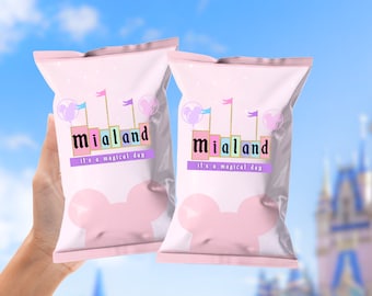 Disneyland Party Chip Bags, Disney Trip Chip Bags Birthday Party Treats, Vintage Disney Custom Name Party Table Decorations, Party Snacks