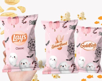Pink Halloween Chip Bags - Cute Party Favors for Girls, No Candy Treat Bags, Pastel Halloween Snacks for Kids