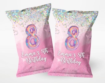 Pink Number Birthday Party Chip Bags Glitter Birthday Custom Name Party Chips Treats, Custom Number Bags Snack Decorations Party Favors Girl