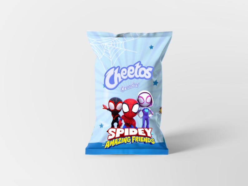 May include: A light blue bag of Cheetos Crunchy snacks featuring the Spidey and His Amazing Friends characters. The bag has a spiderweb design, stars, and the Cheetos logo.