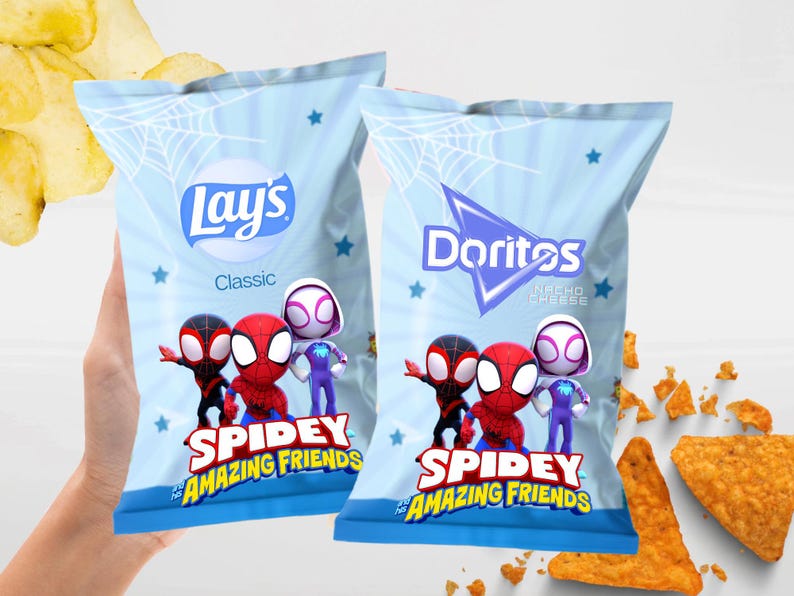 May include: Two bags of Lay's Classic and Doritos Nacho Cheese chips featuring the Spidey and His Amazing Friends characters. The bags are light blue with star and web designs. The chips are in the shape of triangles and are orange.