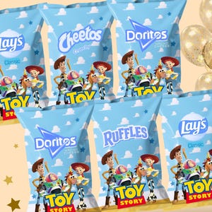 May include: Several bags of chips with a Toy Story theme. The bags feature characters like Woody, Buzz Lightyear, and Jessie. Brands include Lay's, Cheetos, Doritos, and Ruffles. The background is light blue with clouds and stars.