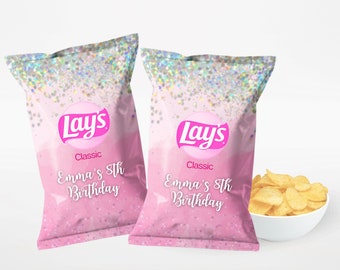 Pink Birthday Party Chip Bags Glitter Birthday Party Chips Girl Party Treats, Custom Name Chip Bags Snack Decorations Party Table