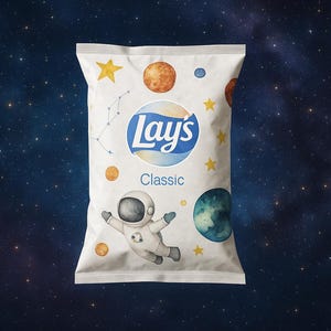 May include: A white bag of Lay's Classic potato chips with a space-themed design. The bag features an astronaut floating in space, planets, and stars. The bag has the Lay's logo and the text "Classic" printed on it.
