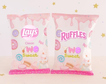 Two Sweet Chip Bags - Candyland Birthday Party Favors for Kids, Donut Treat Bags, Candy Theme Snack Bags for Girl 2nd Birthday