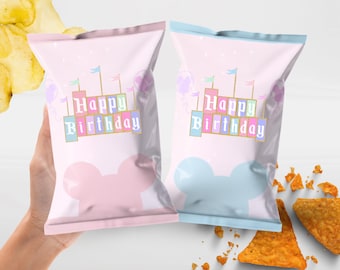 Happy Birthday Chips Disneyland Treats Disney Chip Bags Birthday Party, Vintage Disney Custom Name Party Table Decorations, Party Snacks