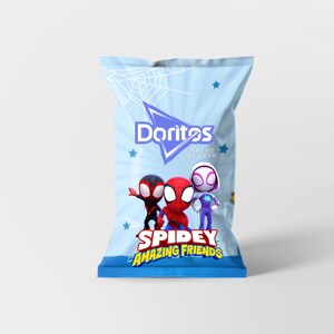 May include: A light blue Doritos Nacho Cheese bag featuring Spidey and His Amazing Friends characters. The bag has a spiderweb design and star accents. The Doritos logo is in a blue triangle.
