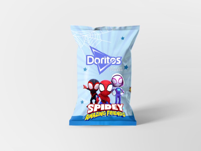 May include: A light blue Doritos Nacho Cheese bag featuring Spidey and His Amazing Friends characters. The bag has a spiderweb design and star accents. The Doritos logo is in a blue triangle.