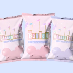 Pink Disneyland Chip Bags - Custom Birthday Treats for Girls, Vintage Inspired Disney Party Favors, Lilac Pink Snack Bags