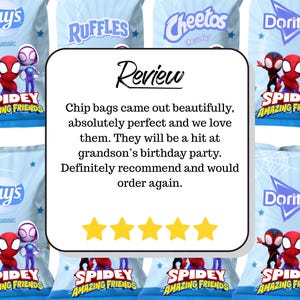 May include: Assortment of chip bags featuring the "Spidey and His Amazing Friends" cartoon characters. The bags include Lay's, Ruffles, Cheetos, and Doritos brands. A review with five gold stars is also visible.