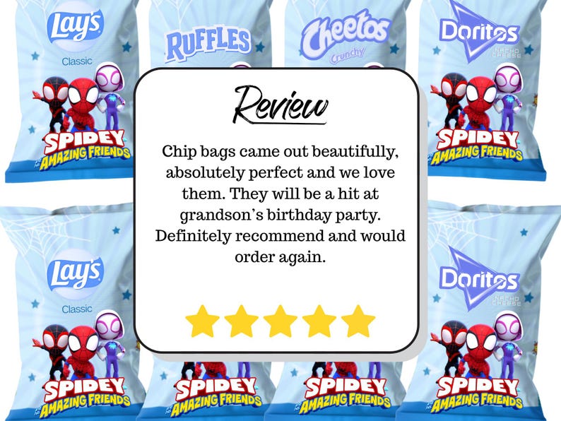 May include: Assortment of chip bags featuring the "Spidey and His Amazing Friends" cartoon characters. The bags include Lay's, Ruffles, Cheetos, and Doritos brands. A review with five gold stars is also visible.
