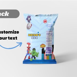 May include: A light blue bag of Lay's Classic potato chips featuring Spider-Man and the Hulk. The bag has the text "BRYAN'S BIG 4" and a QR code. The background has a superhero theme with stars and cityscapes.