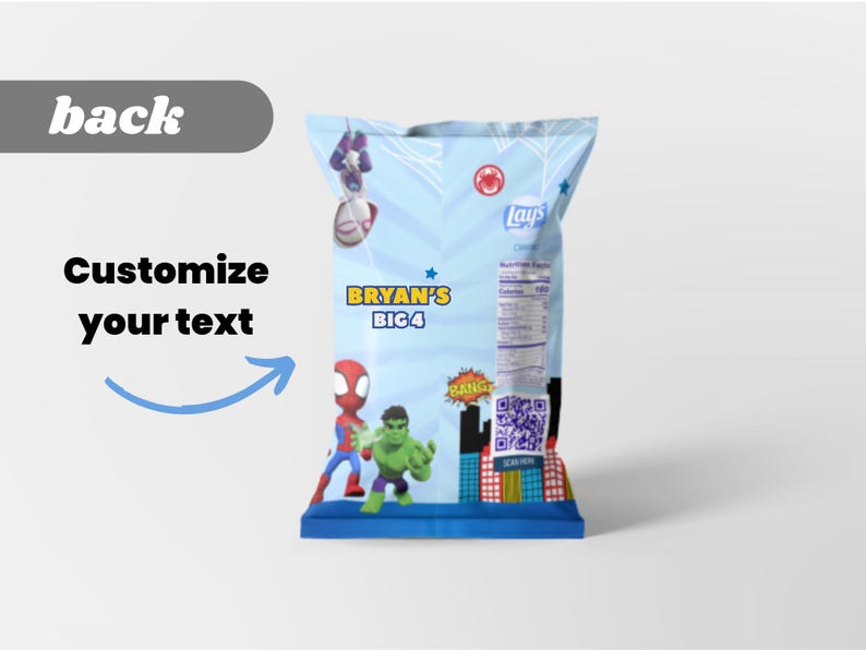 May include: A light blue bag of Lay's Classic potato chips featuring Spider-Man and the Hulk. The bag has the text "BRYAN'S BIG 4" and a QR code. The background has a superhero theme with stars and cityscapes.