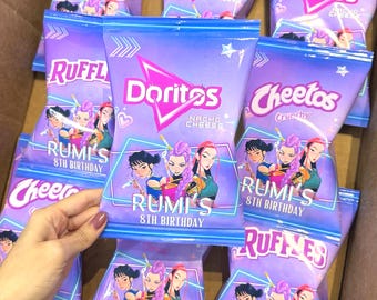 KPop Birthday Chip Bags – Demon Hunter Party Favors Custom KPop Snack Decor for Girls – Pink & Purple Kpop Warriors Bags Party Supplies