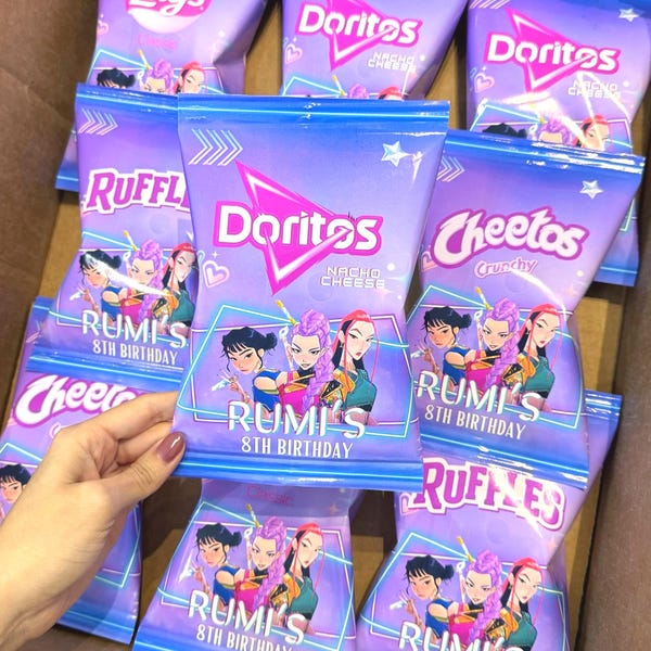KPop Birthday Chip Bags – Demon Hunter Party Favors Custom KPop Snack Decor for Girls – Pink & Purple Kpop Warriors Bags Party Supplies