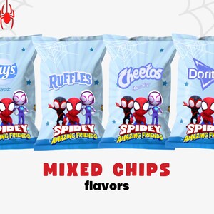 May include: Four bags of chips featuring the Spidey and His Amazing Friends characters. The bags are light blue with the Lay's, Ruffles, Cheetos, and Doritos logos. The text "MIXED CHIPS flavors" is at the bottom.