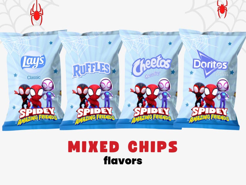 May include: Four bags of chips featuring the Spidey and His Amazing Friends characters. The bags are light blue with the Lay's, Ruffles, Cheetos, and Doritos logos. The text "MIXED CHIPS flavors" is at the bottom.