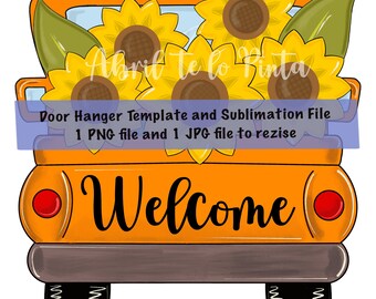 Template - Vintage Truck Sunflowers Door Hanger Template - DIY paint tutorial - Door Decor - Sublimation file.