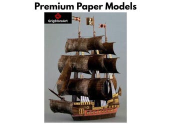 May include: A paper model of a tall ship with dark brown sails and a hull featuring red and gold accents. The model includes three masts with small flags at the top. The text "Premium Paper Models" and "GrigStoreArt" appear above the ship.