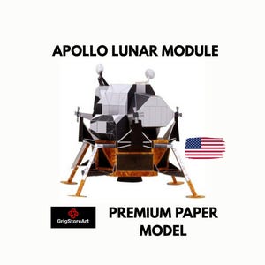 May include: A paper model of the Apollo Lunar Module featuring black, white, and metallic gold panels with four landing legs. The text APOLLO LUNAR MODULE and PREMIUM PAPER MODEL are visible, along with a small United States flag and GrigStoreArt logo.